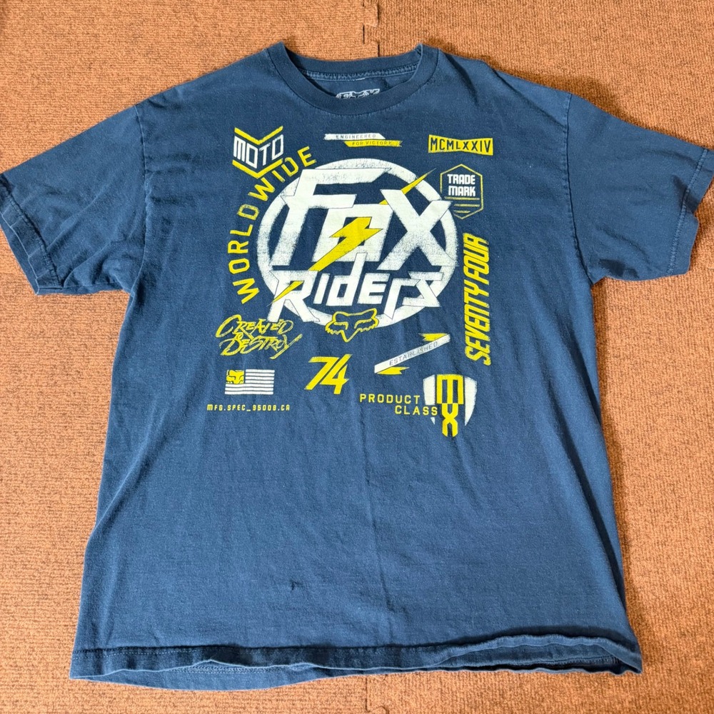 Fox Racing Mens XL T-Shirt Navy Blue Fox Riders Moto Worldwide Graphic Tee  gym